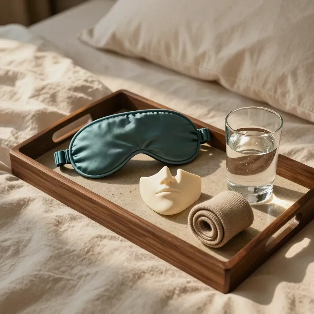 Bandeja de mesita con antifaz, modelo de mandíbula, cojín cervical y vaso de agua.