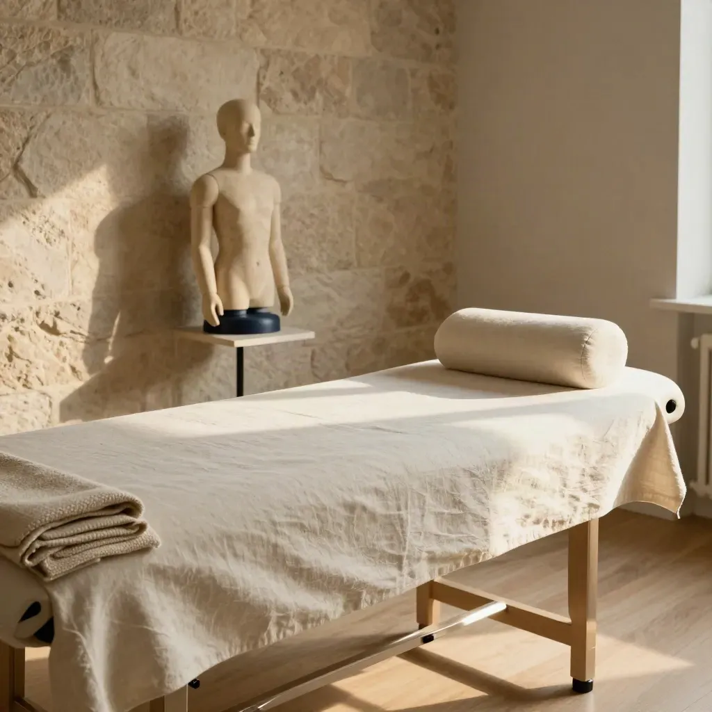 Sala de consulta de osteopatía vacía, camilla con sábana blanca, rodillo cervical y modelo postural.