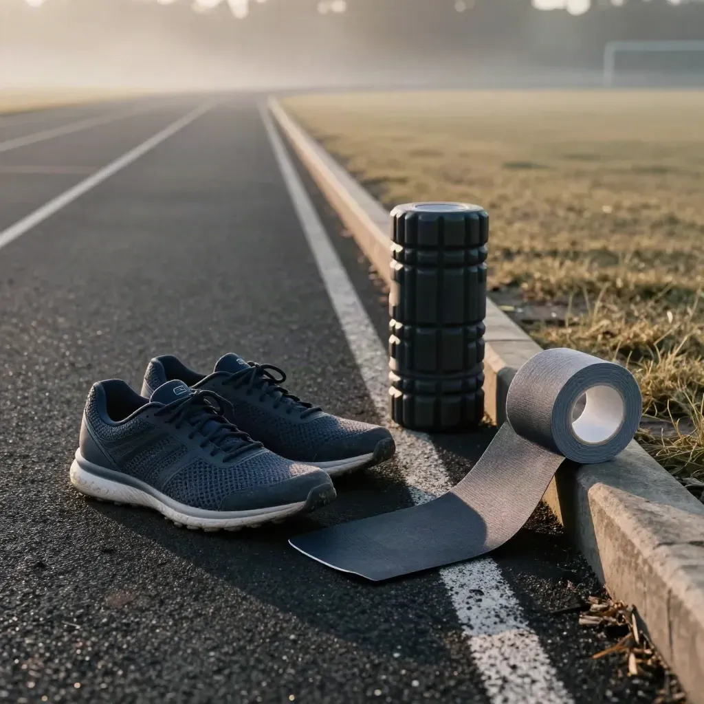Zapatillas, foam roller y tape junto a una pista al amanecer con niebla fría.