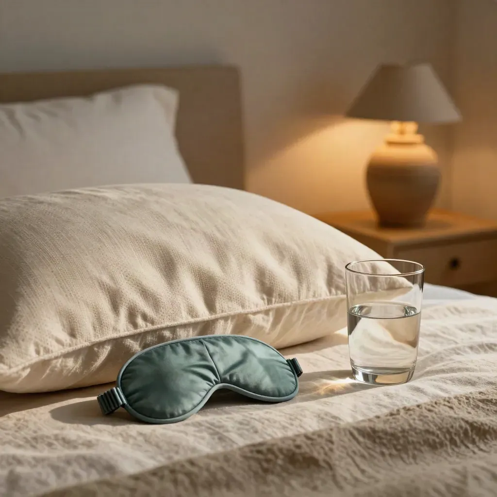 Dormitorio sereno con almohada contorneada, antifaz, vaso de agua y lámpara tenue.