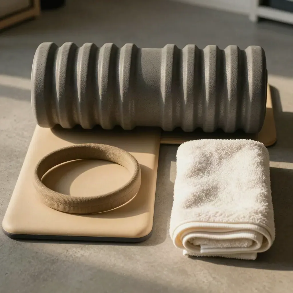 Vista cenital de foam roller, balance pad, banda elástica y toalla de rehabilitación.