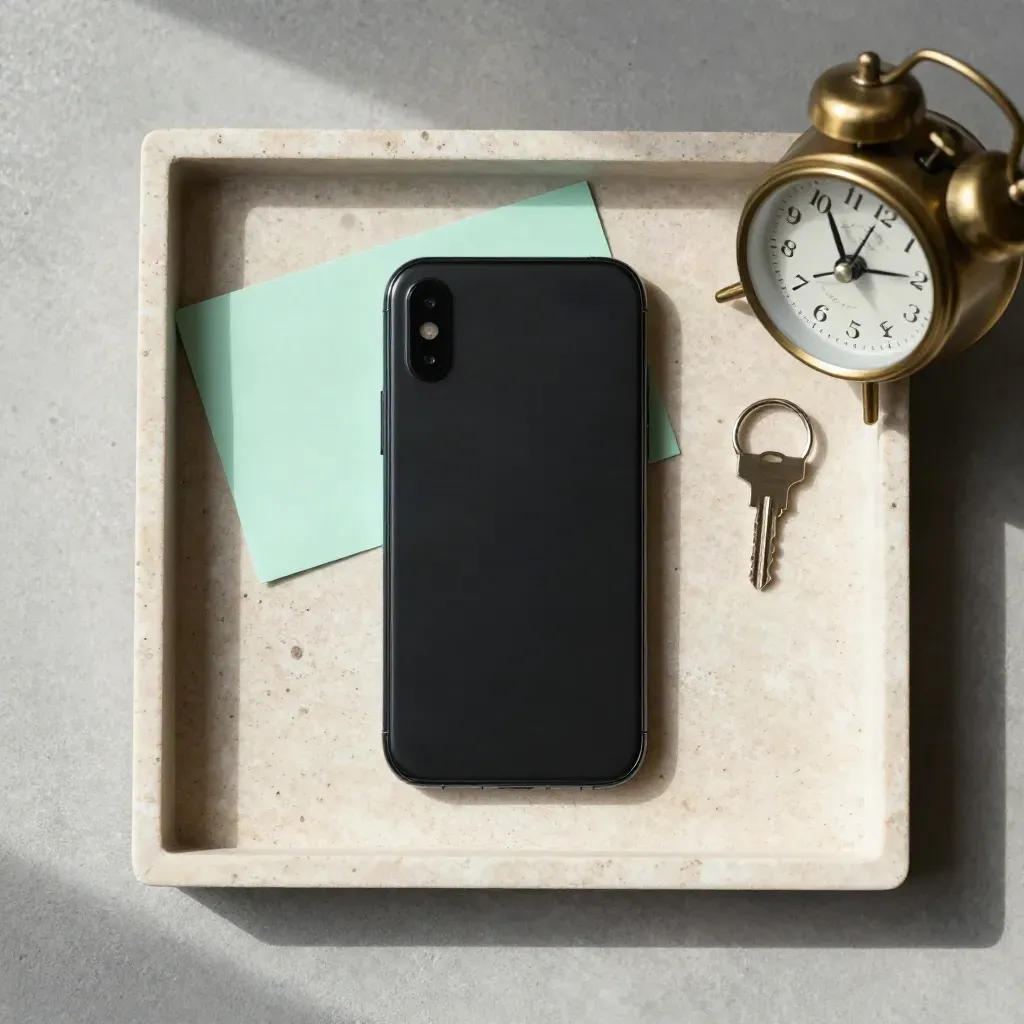 Smartphone boca abajo, reloj de latón y llaves sobre una bandeja de piedra, con tarjeta menta.