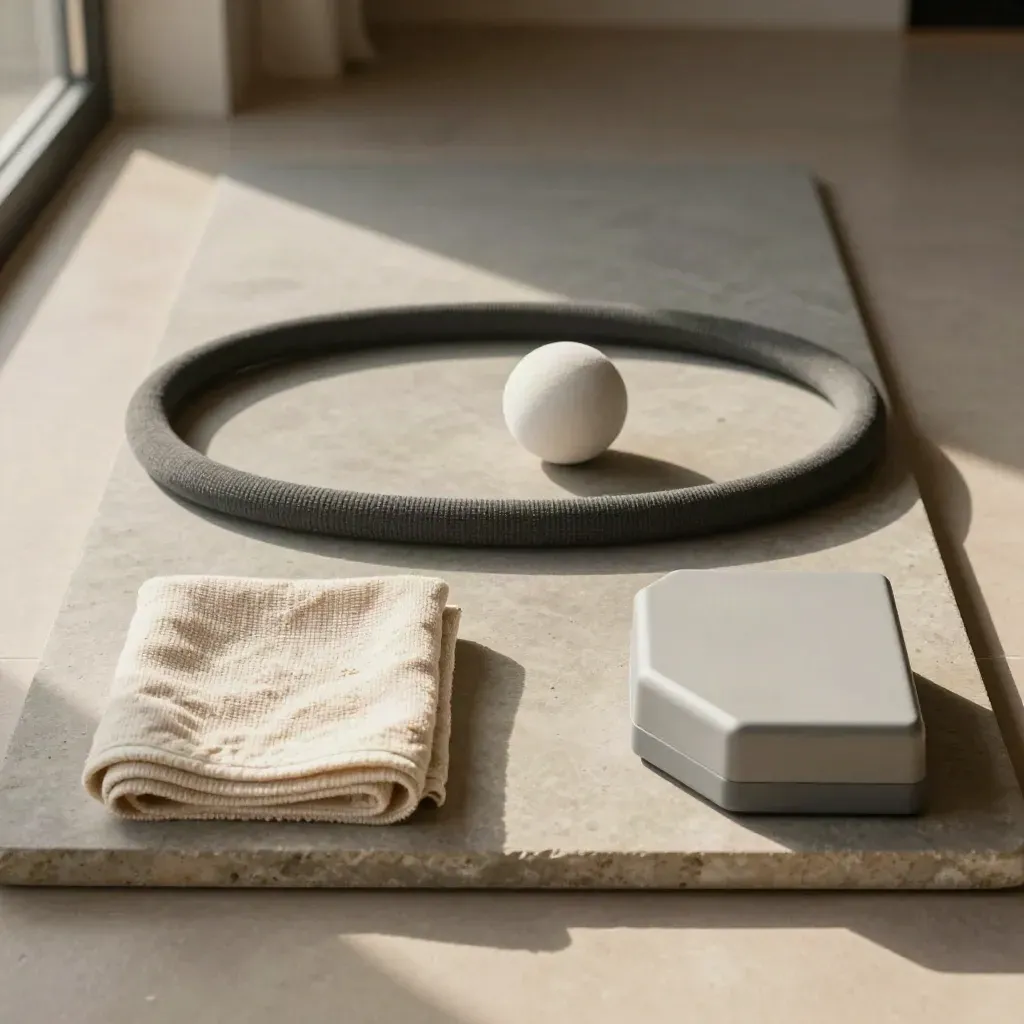 Kit de ejercicios de osteopatía sobre bandeja de piedra junto a la entrada, con luz suave y orden.