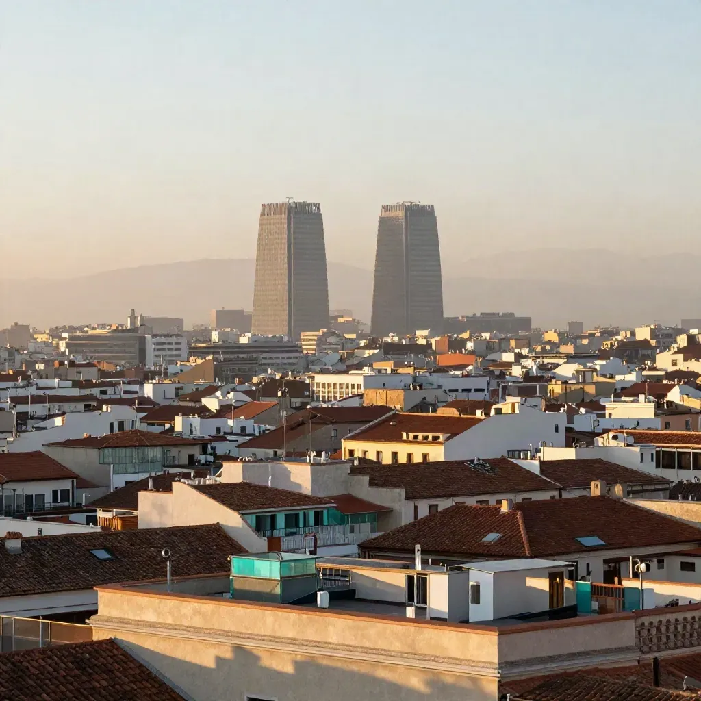 Madrid bajo la niebla matinal con las Cuatro Torres y tejados de teja al fondo.